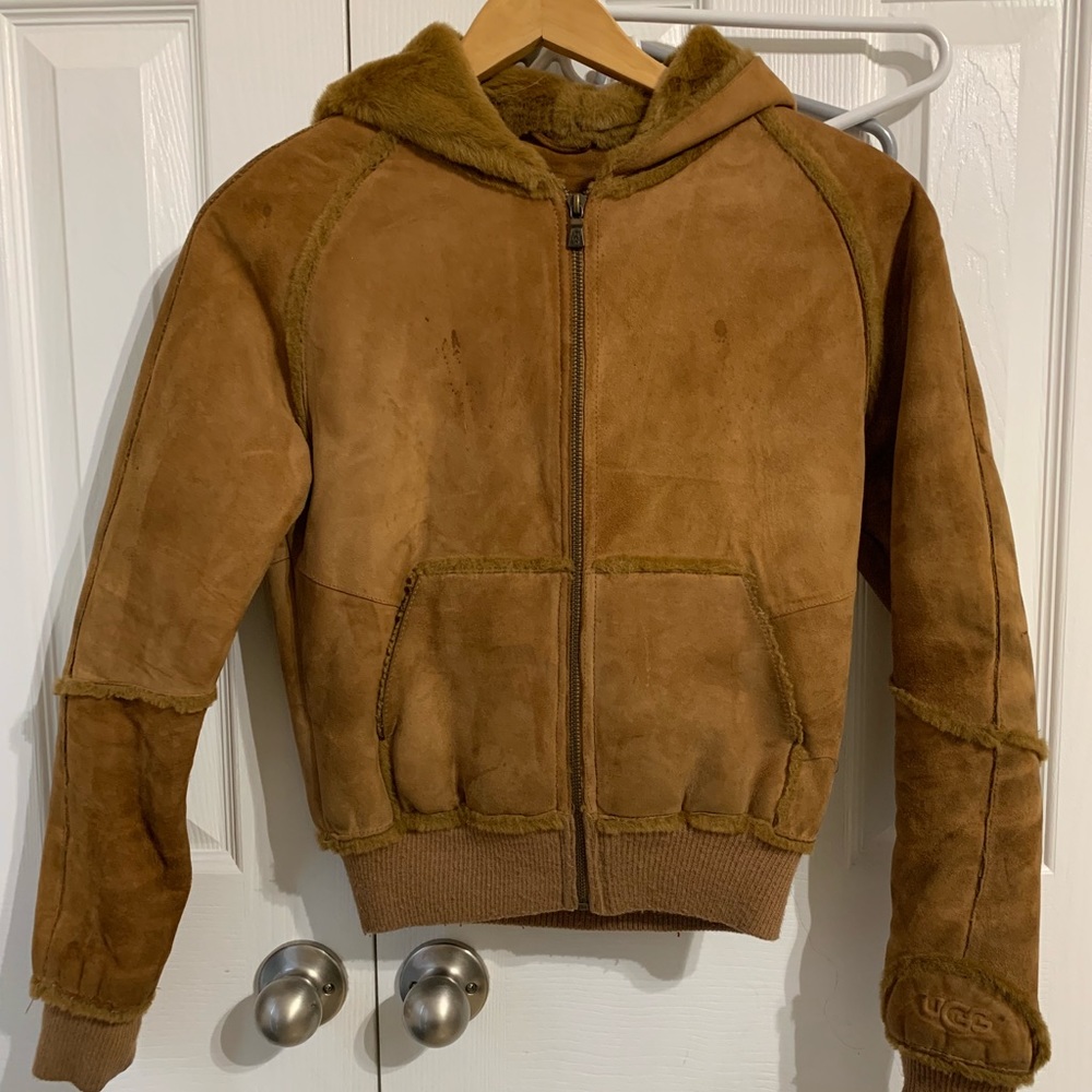 UGG Suede Shearling Fur Bomber Zipper Hood Jacket